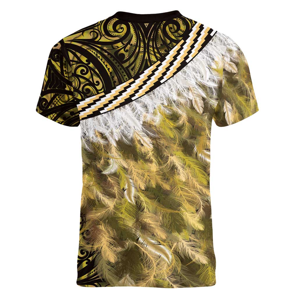 Yellow Traditional Cloak Aotearoa Women V-Neck T-Shirt Maori Paua Shell Korowai Pattern