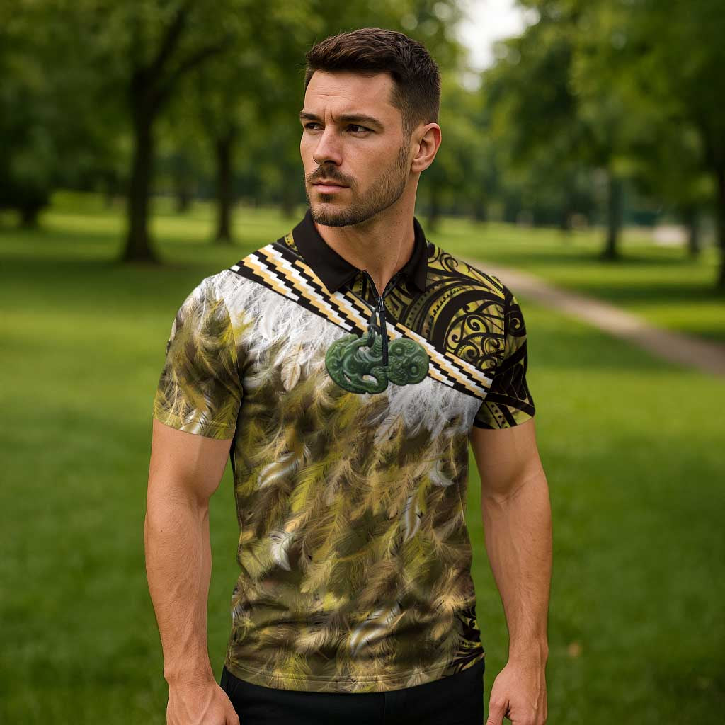 Yellow Traditional Cloak Aotearoa Zipper Polo Shirt Maori Paua Shell Korowai Pattern - Polynesian Pride