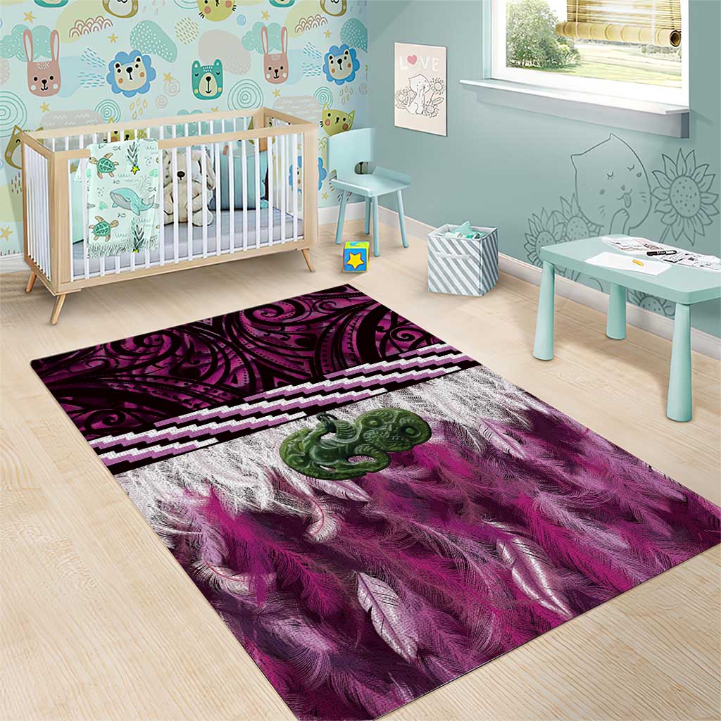Pink Traditional Cloak Aotearoa Area Rug Maori Paua Shell Korowai Pattern