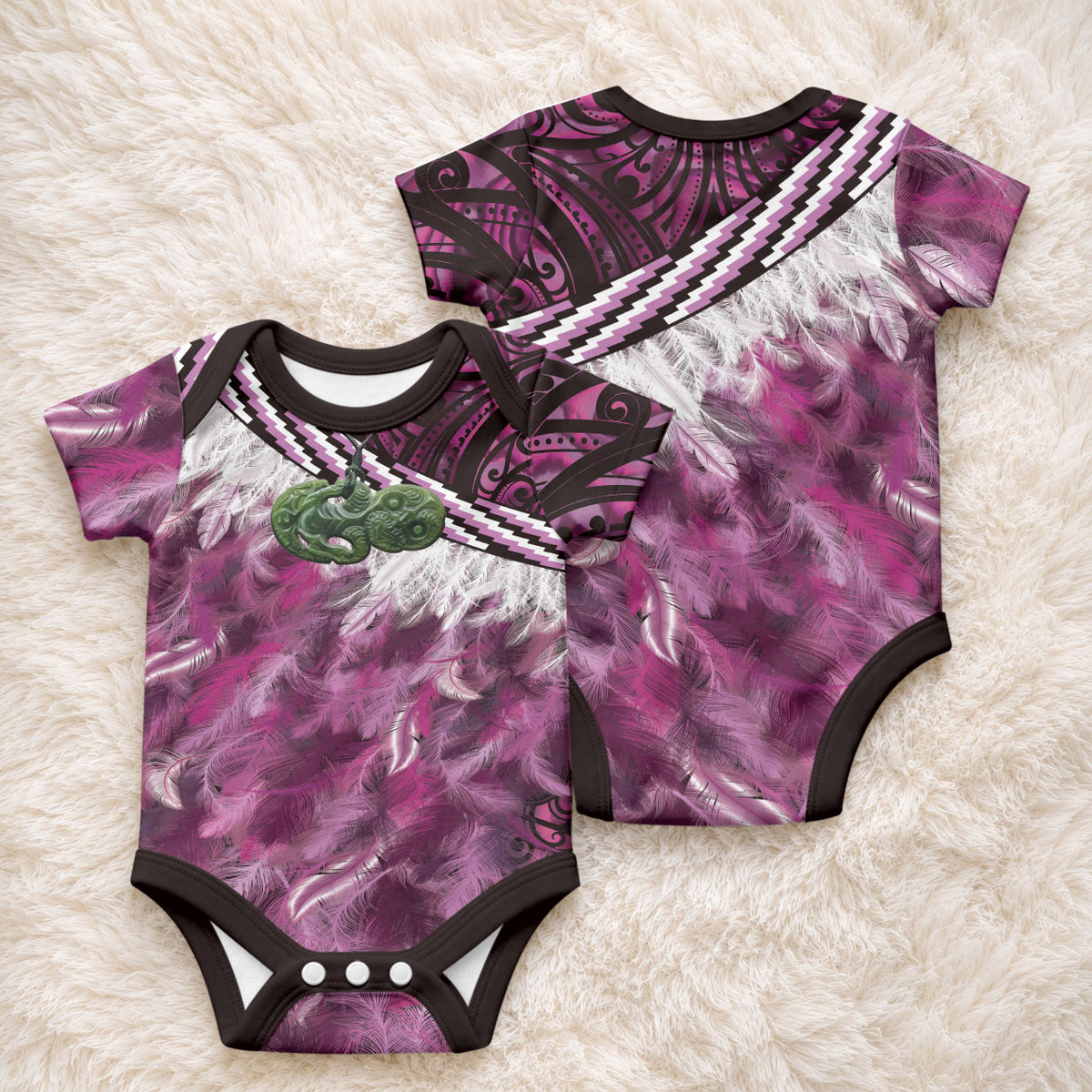 Pink Traditional Cloak Aotearoa Baby Onesie Maori Paua Shell Korowai Pattern LT14 - Polynesian Pride