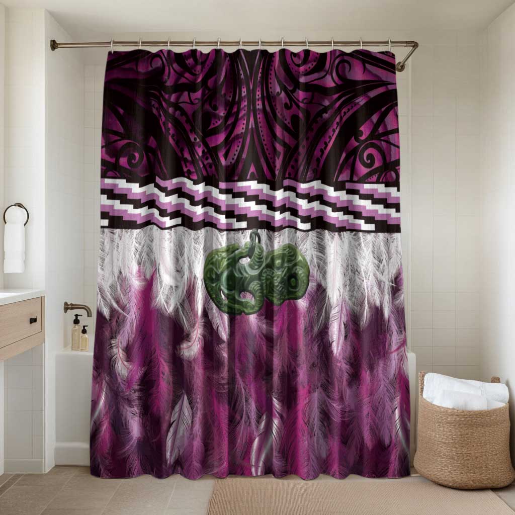 Pink Traditional Cloak Aotearoa Bathroom Set Maori Paua Shell Korowai Pattern LT14 Shower Curtain Only Pink - Polynesian Pride