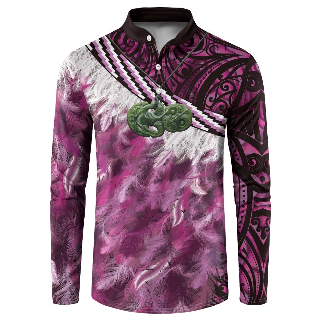 Pink Traditional Cloak Aotearoa Button Sweatshirt Maori Paua Shell Korowai Pattern LT14 Pink - Polynesian Pride
