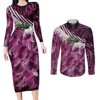 Pink Traditional Cloak Aotearoa Couples Matching Long Sleeve Bodycon Dress and Long Sleeve Button Shirt Maori Paua Shell Korowai Pattern