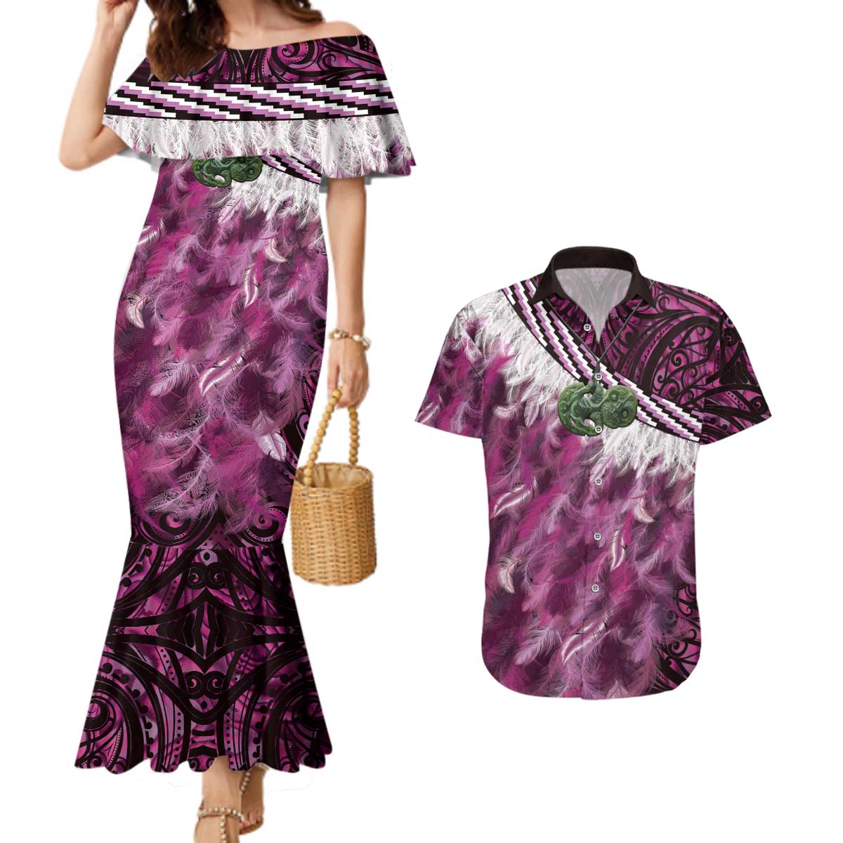 Pink Traditional Cloak Aotearoa Couples Matching Mermaid Dress and Hawaiian Shirt Maori Paua Shell Korowai Pattern