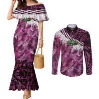 Pink Traditional Cloak Aotearoa Couples Matching Mermaid Dress and Long Sleeve Button Shirt Maori Paua Shell Korowai Pattern