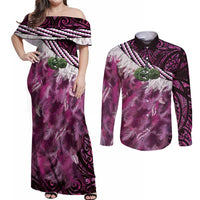Pink Traditional Cloak Aotearoa Couples Matching Off Shoulder Maxi Dress and Long Sleeve Button Shirt Maori Paua Shell Korowai Pattern