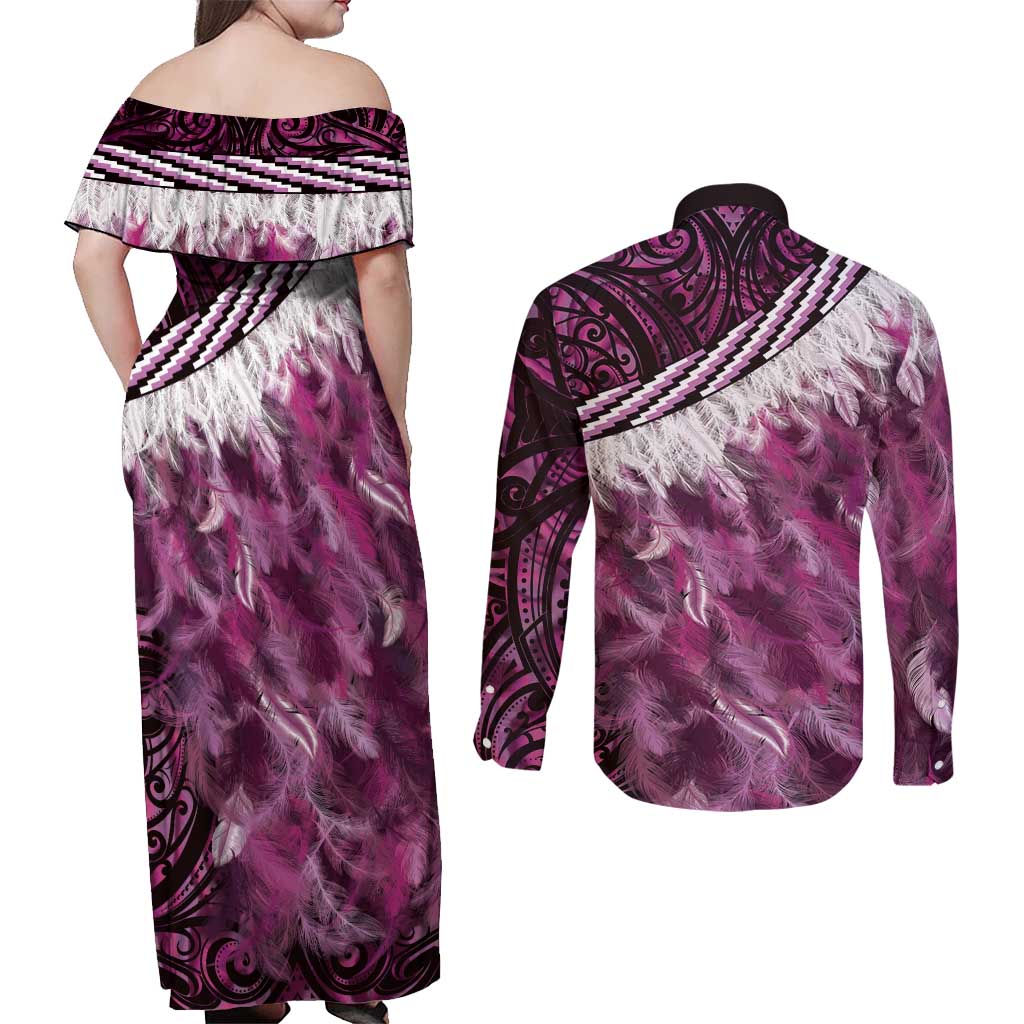 Pink Traditional Cloak Aotearoa Couples Matching Off Shoulder Maxi Dress and Long Sleeve Button Shirt Maori Paua Shell Korowai Pattern