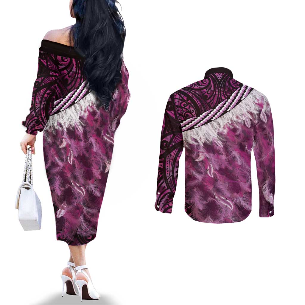 Pink Traditional Cloak Aotearoa Couples Matching Off The Shoulder Long Sleeve Dress and Long Sleeve Button Shirt Maori Paua Shell Korowai Pattern