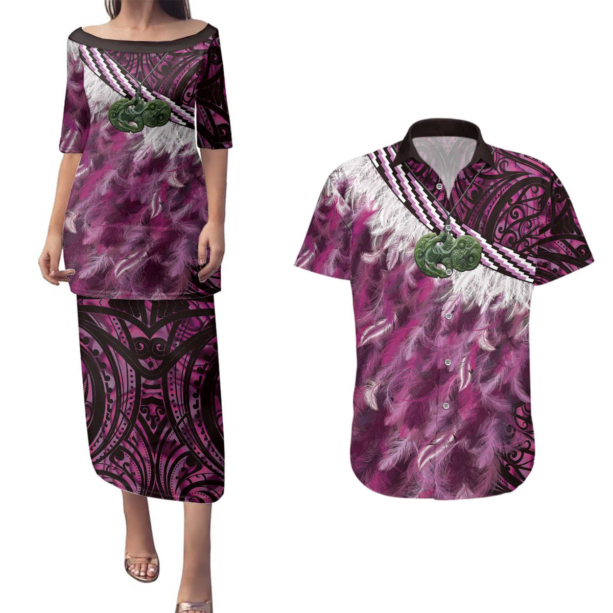 Pink Traditional Cloak Aotearoa Couples Matching Puletasi and Hawaiian Shirt Maori Paua Shell Korowai Pattern