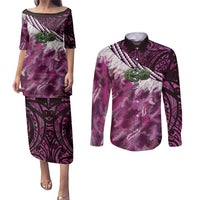 Pink Traditional Cloak Aotearoa Couples Matching Puletasi and Long Sleeve Button Shirt Maori Paua Shell Korowai Pattern