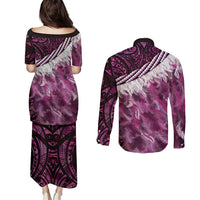 Pink Traditional Cloak Aotearoa Couples Matching Puletasi and Long Sleeve Button Shirt Maori Paua Shell Korowai Pattern