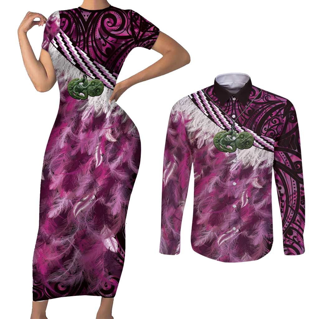 Pink Traditional Cloak Aotearoa Couples Matching Short Sleeve Bodycon Dress and Long Sleeve Button Shirt Maori Paua Shell Korowai Pattern