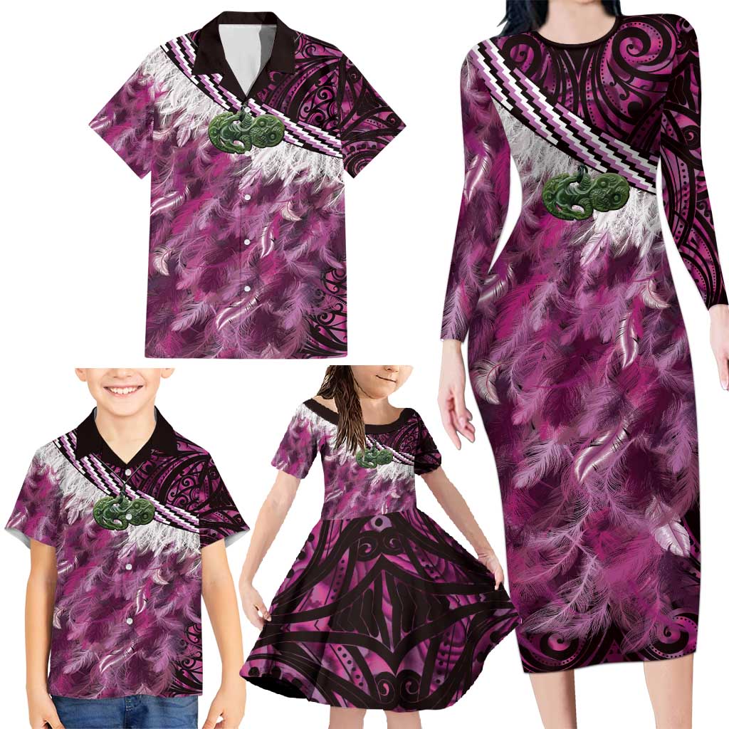 Pink Traditional Cloak Aotearoa Family Matching Long Sleeve Bodycon Dress and Hawaiian Shirt Maori Paua Shell Korowai Pattern LT14 - Polynesian Pride