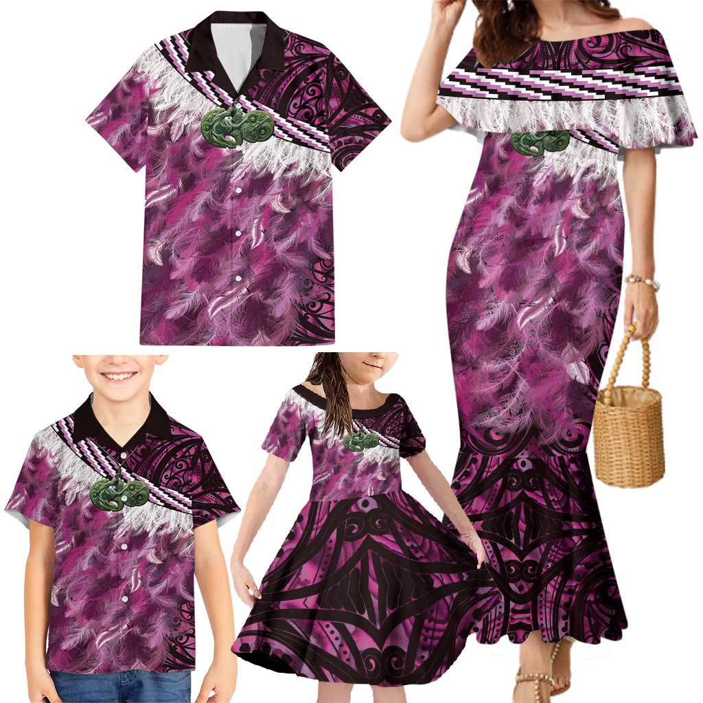 Pink Traditional Cloak Aotearoa Family Matching Mermaid Dress and Hawaiian Shirt Maori Paua Shell Korowai Pattern LT14 - Polynesian Pride