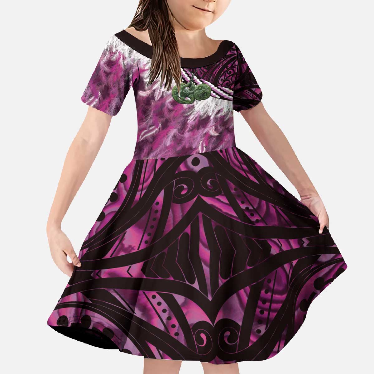 Pink Traditional Cloak Aotearoa Family Matching Off The Shoulder Long Sleeve Dress and Hawaiian Shirt Maori Paua Shell Korowai Pattern LT14 Daughter's Dress Pink - Polynesian Pride