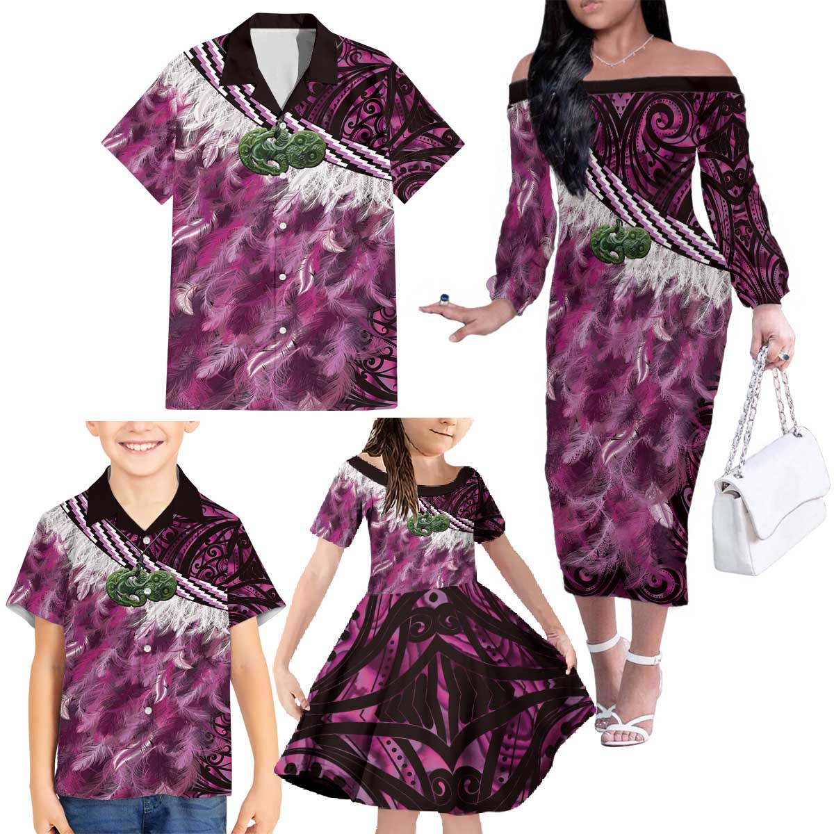 Pink Traditional Cloak Aotearoa Family Matching Off The Shoulder Long Sleeve Dress and Hawaiian Shirt Maori Paua Shell Korowai Pattern LT14 - Polynesian Pride