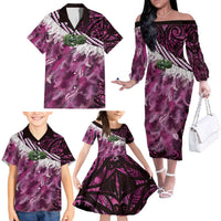 Pink Traditional Cloak Aotearoa Family Matching Off The Shoulder Long Sleeve Dress and Hawaiian Shirt Maori Paua Shell Korowai Pattern LT14 - Polynesian Pride