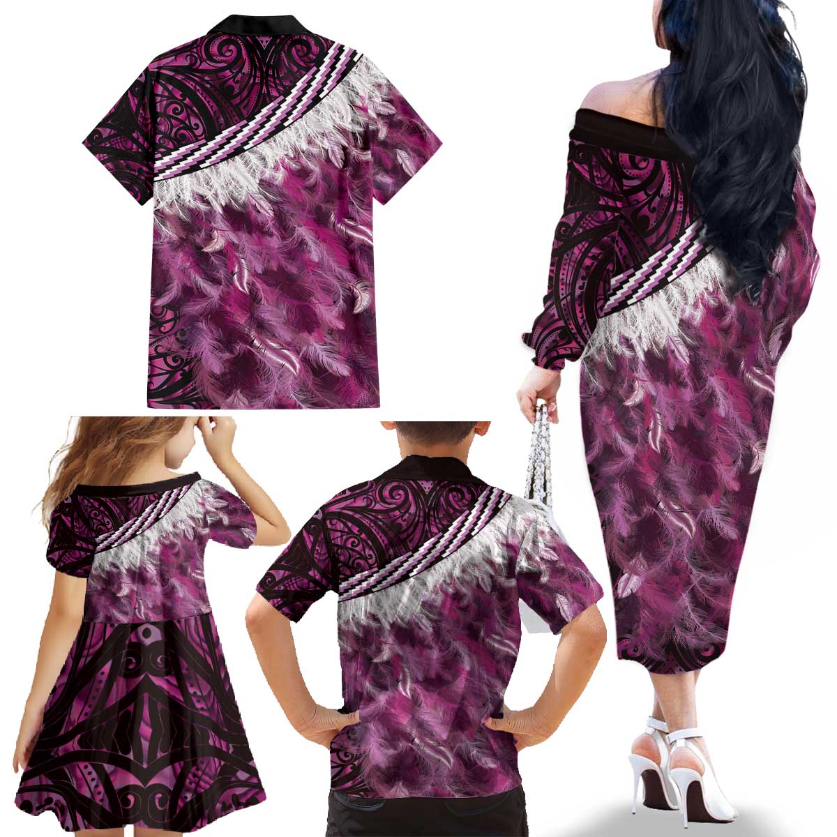 Pink Traditional Cloak Aotearoa Family Matching Off The Shoulder Long Sleeve Dress and Hawaiian Shirt Maori Paua Shell Korowai Pattern LT14 - Polynesian Pride