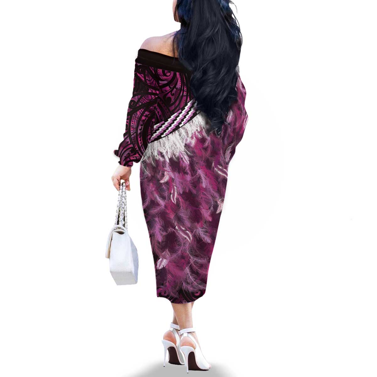 Pink Traditional Cloak Aotearoa Family Matching Off The Shoulder Long Sleeve Dress and Hawaiian Shirt Maori Paua Shell Korowai Pattern LT14 - Polynesian Pride
