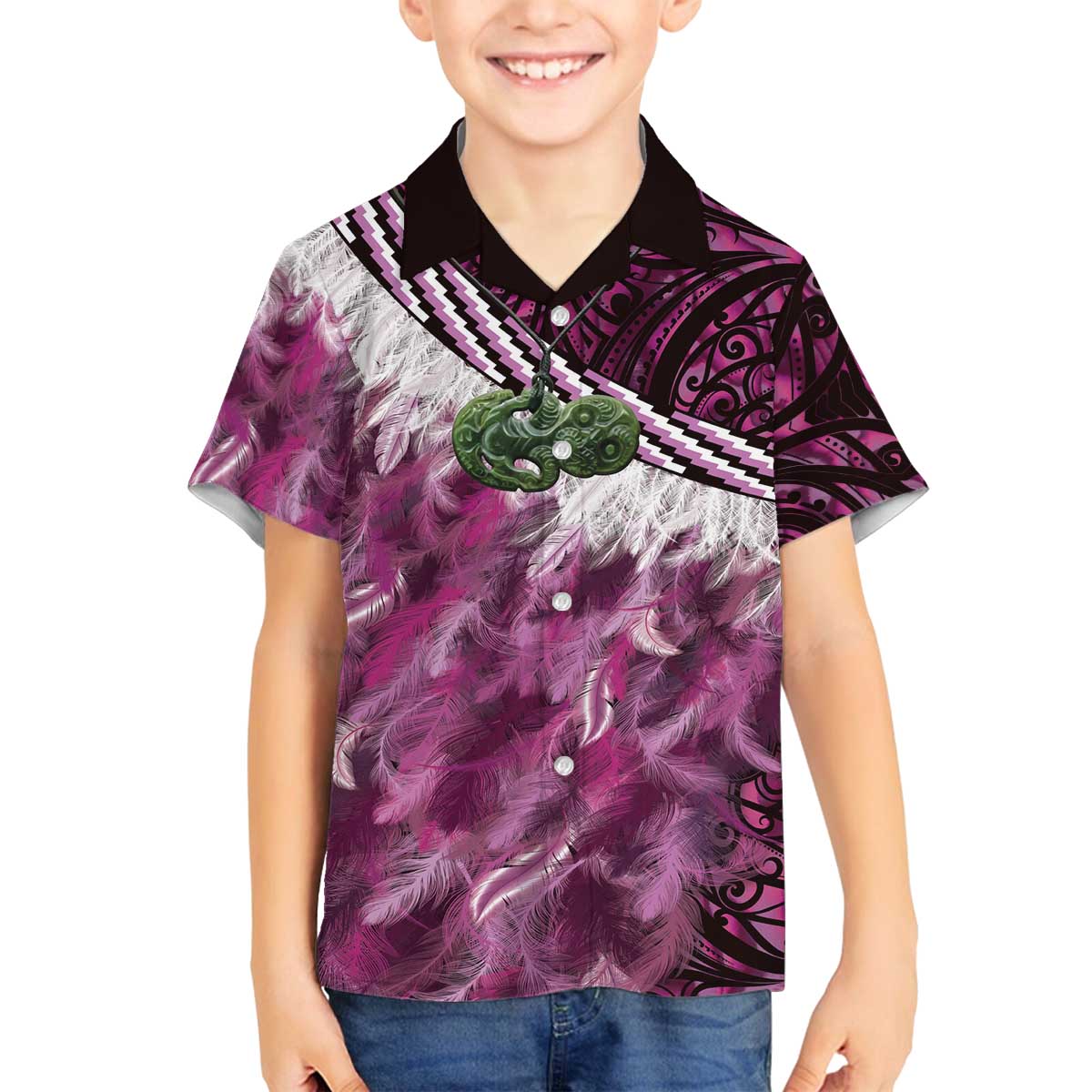 Pink Traditional Cloak Aotearoa Family Matching Off The Shoulder Long Sleeve Dress and Hawaiian Shirt Maori Paua Shell Korowai Pattern LT14 Son's Shirt Pink - Polynesian Pride
