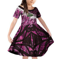 Pink Traditional Cloak Aotearoa Family Matching Off Shoulder Short Dress and Hawaiian Shirt Maori Paua Shell Korowai Pattern LT14 Daughter's Dress Pink - Polynesian Pride