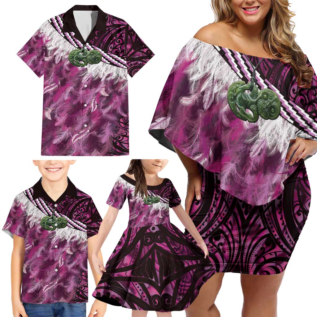Pink Traditional Cloak Aotearoa Family Matching Off Shoulder Short Dress and Hawaiian Shirt Maori Paua Shell Korowai Pattern LT14 - Polynesian Pride