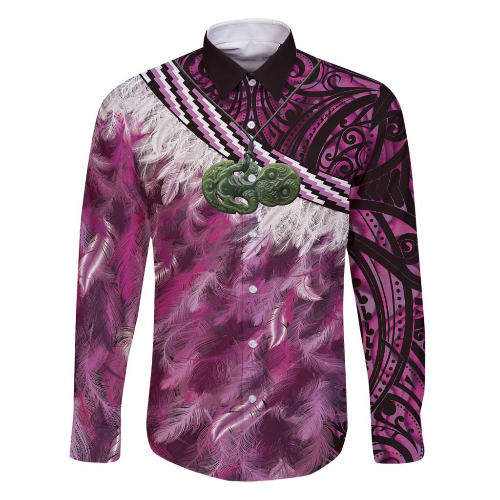Pink Traditional Cloak Aotearoa Family Matching Off Shoulder Short Dress and Hawaiian Shirt Maori Paua Shell Korowai Pattern LT14 Dad's Shirt - Long Sleeve Pink - Polynesian Pride