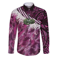 Pink Traditional Cloak Aotearoa Family Matching Off Shoulder Short Dress and Hawaiian Shirt Maori Paua Shell Korowai Pattern LT14 Dad's Shirt - Long Sleeve Pink - Polynesian Pride