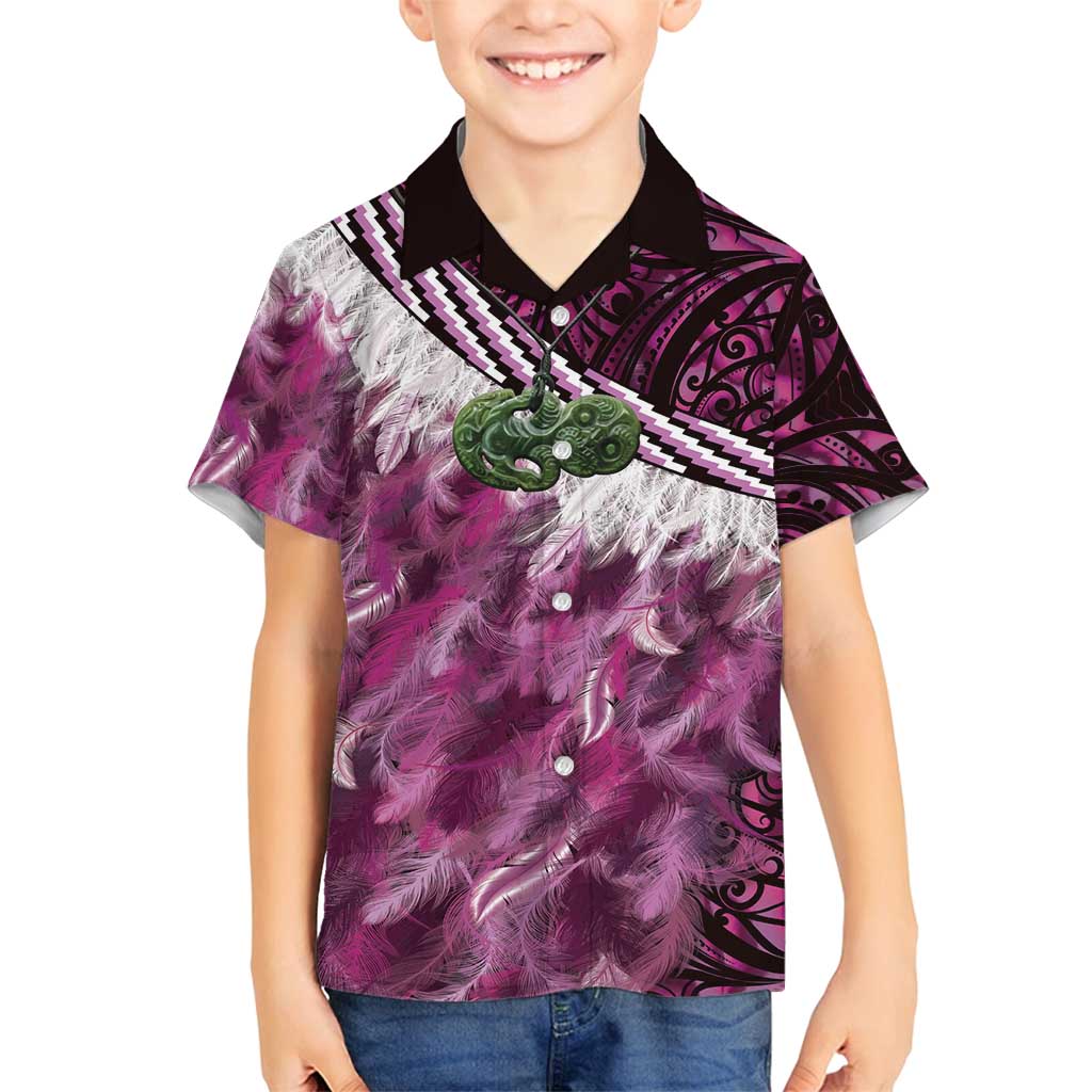 Pink Traditional Cloak Aotearoa Family Matching Off Shoulder Short Dress and Hawaiian Shirt Maori Paua Shell Korowai Pattern LT14 Son's Shirt Pink - Polynesian Pride