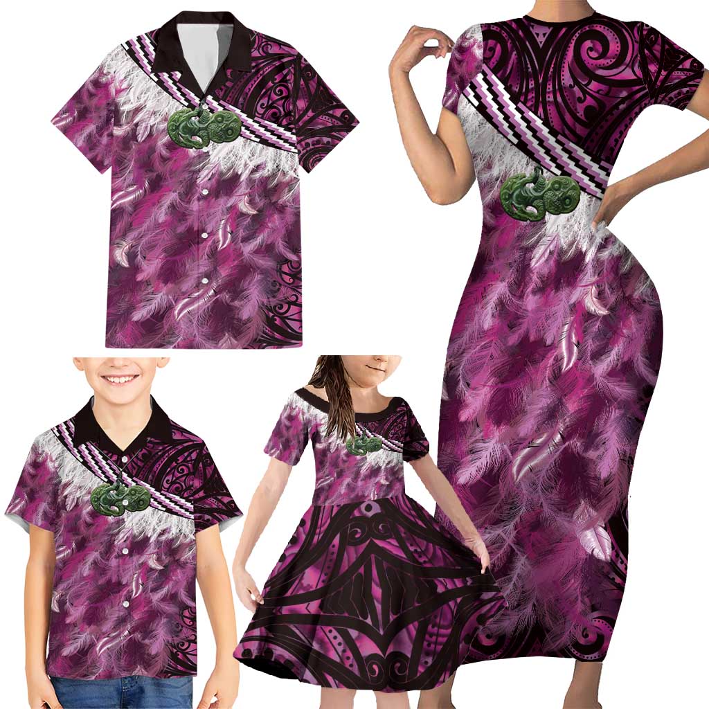 Pink Traditional Cloak Aotearoa Family Matching Short Sleeve Bodycon Dress and Hawaiian Shirt Maori Paua Shell Korowai Pattern LT14 - Polynesian Pride