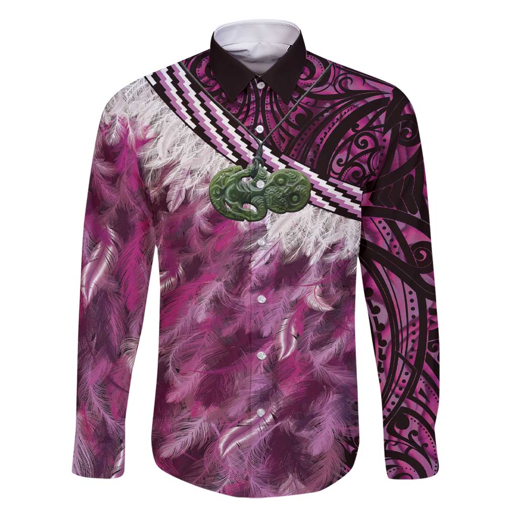 Pink Traditional Cloak Aotearoa Family Matching Short Sleeve Bodycon Dress and Hawaiian Shirt Maori Paua Shell Korowai Pattern LT14 Dad's Shirt - Long Sleeve Pink - Polynesian Pride