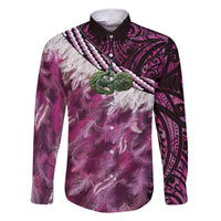 Pink Traditional Cloak Aotearoa Family Matching Short Sleeve Bodycon Dress and Hawaiian Shirt Maori Paua Shell Korowai Pattern LT14 Dad's Shirt - Long Sleeve Pink - Polynesian Pride