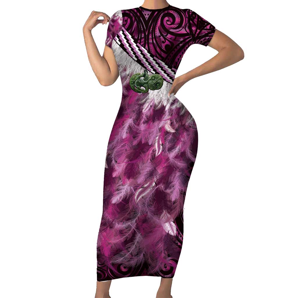 Pink Traditional Cloak Aotearoa Family Matching Short Sleeve Bodycon Dress and Hawaiian Shirt Maori Paua Shell Korowai Pattern LT14 Mom's Dress Pink - Polynesian Pride