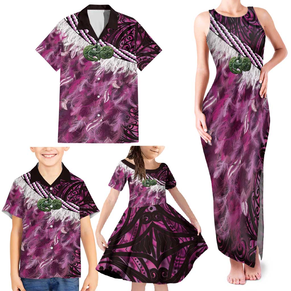 Pink Traditional Cloak Aotearoa Family Matching Tank Maxi Dress and Hawaiian Shirt Maori Paua Shell Korowai Pattern LT14 - Polynesian Pride