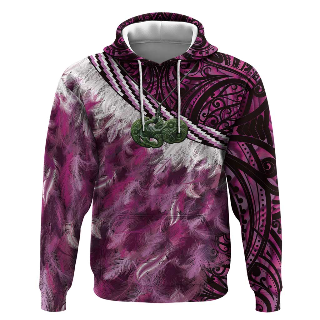 Pink Traditional Cloak Aotearoa Hoodie Maori Paua Shell Korowai Pattern