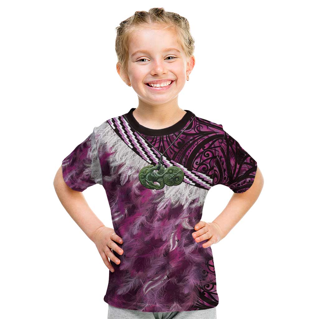 Pink Traditional Cloak Aotearoa Kid T Shirt Maori Paua Shell Korowai Pattern