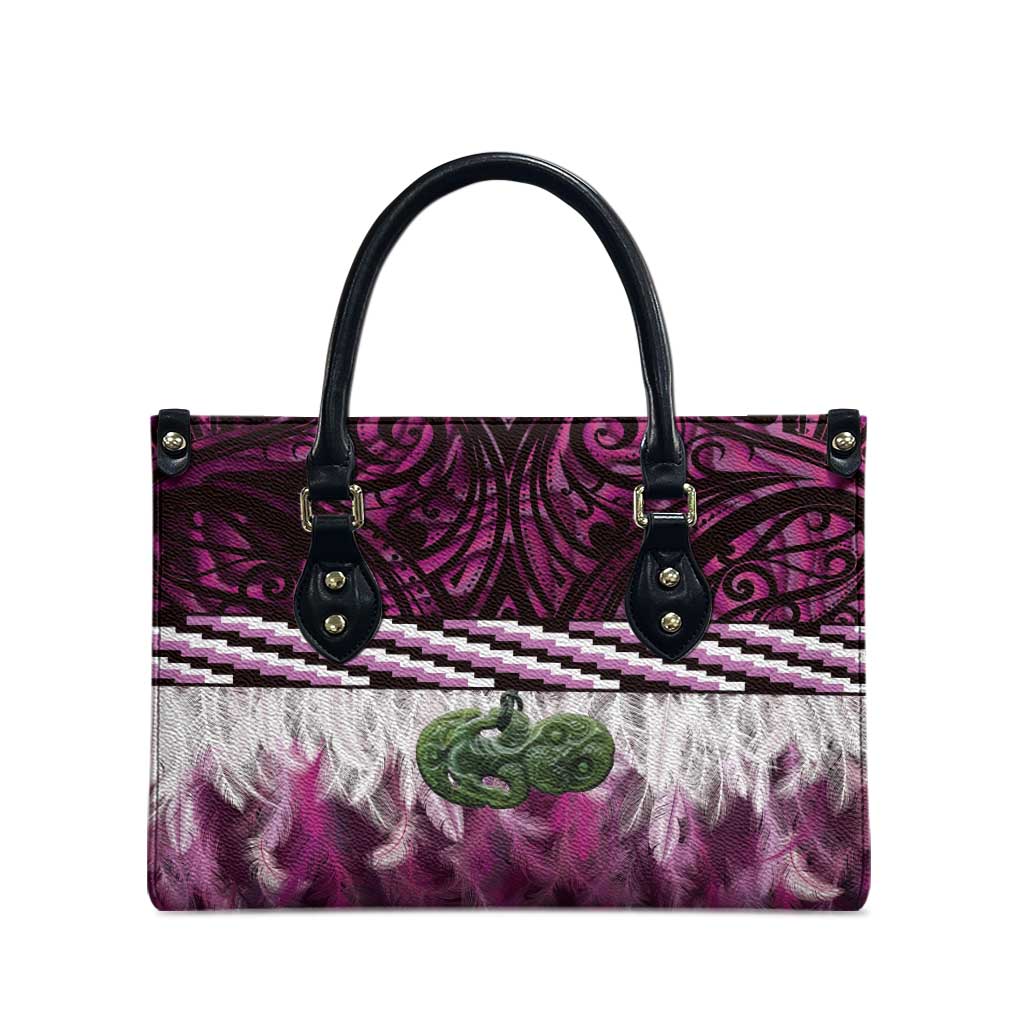Pink Traditional Cloak Aotearoa Leather Bag Maori Paua Shell Korowai Pattern - Polynesian Pride
