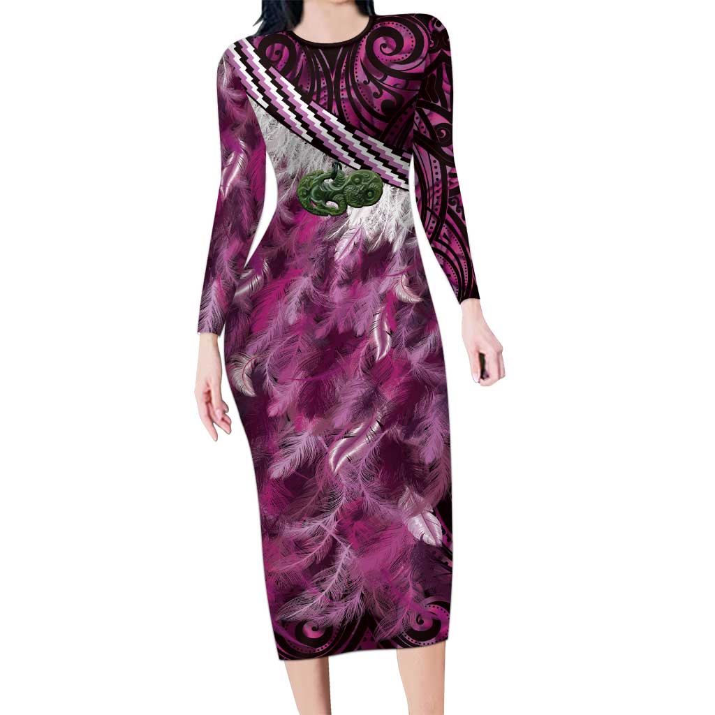 Pink Traditional Cloak Aotearoa Long Sleeve Bodycon Dress Maori Paua Shell Korowai Pattern