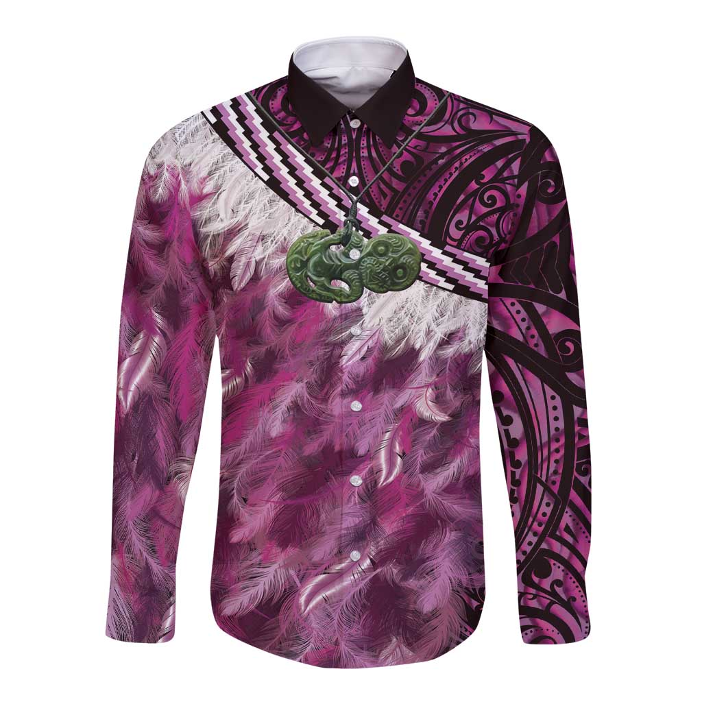Pink Traditional Cloak Aotearoa Long Sleeve Button Shirt Maori Paua Shell Korowai Pattern LT14 Unisex Pink - Polynesian Pride