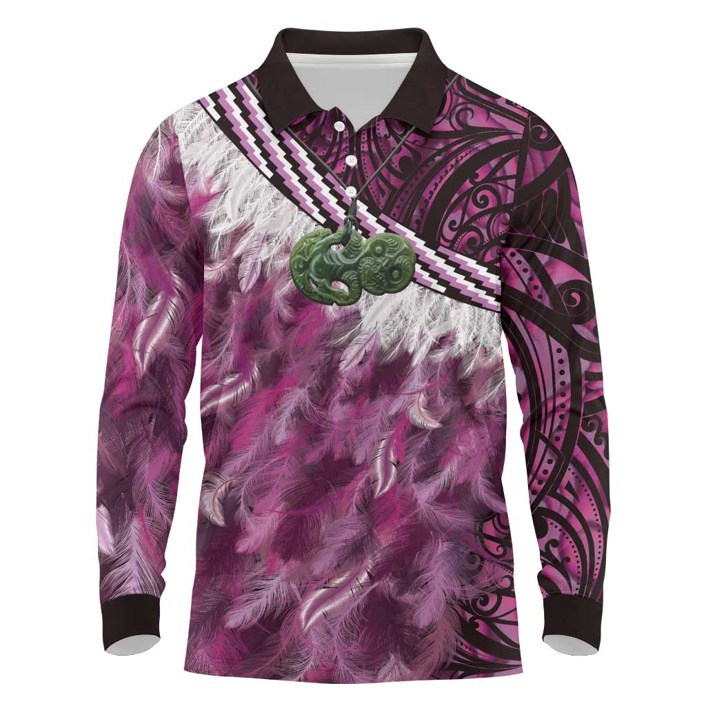 Pink Traditional Cloak Aotearoa Long Sleeve Polo Shirt Maori Paua Shell Korowai Pattern