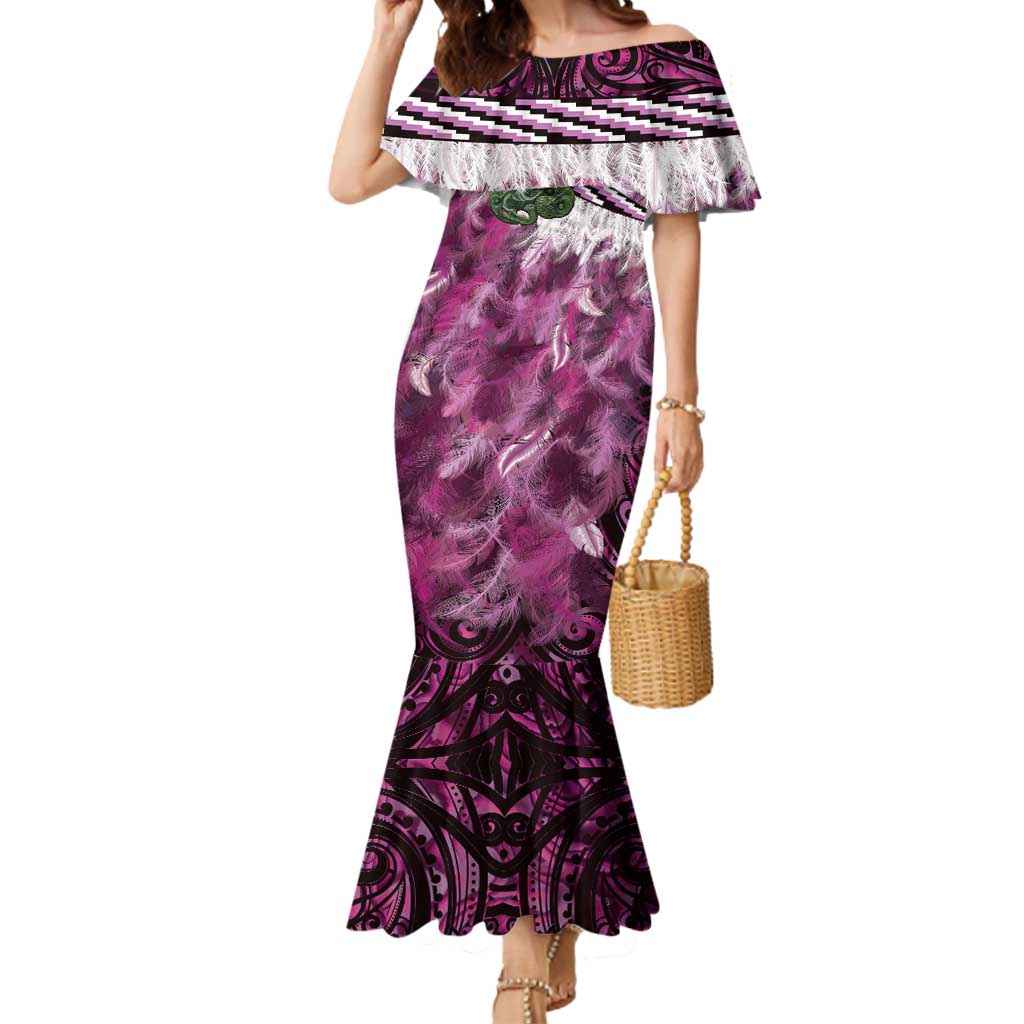 Pink Traditional Cloak Aotearoa Mermaid Dress Maori Paua Shell Korowai Pattern