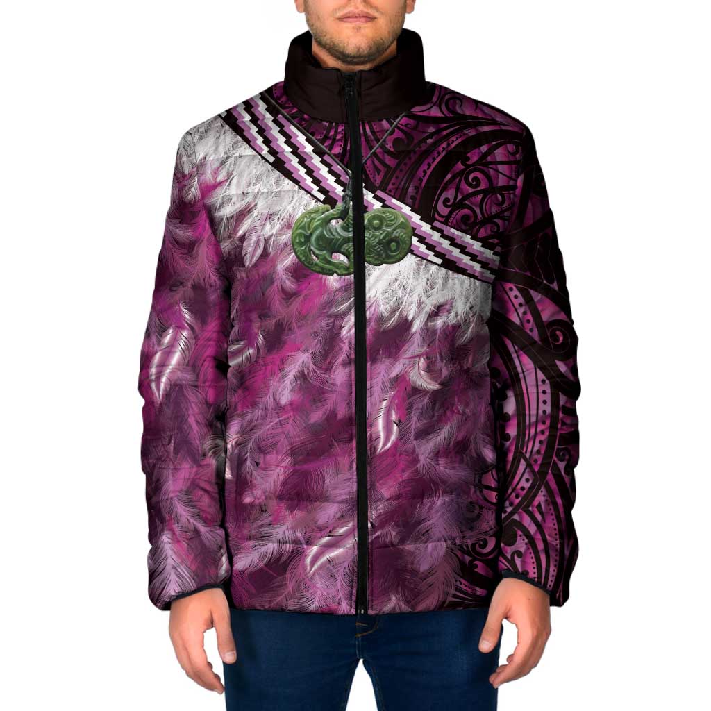 Pink Traditional Cloak Aotearoa Padded Jacket Maori Paua Shell Korowai Pattern - Polynesian Pride