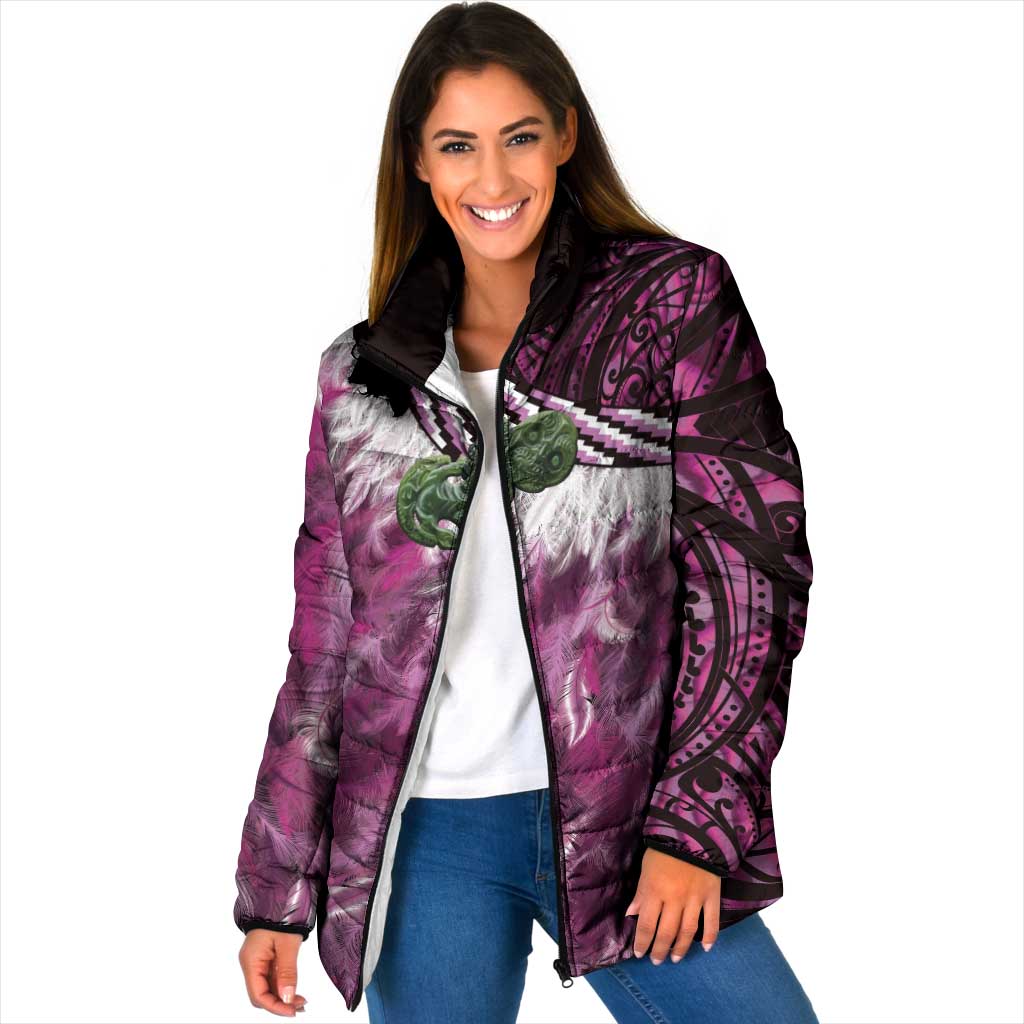 Pink Traditional Cloak Aotearoa Padded Jacket Maori Paua Shell Korowai Pattern - Polynesian Pride