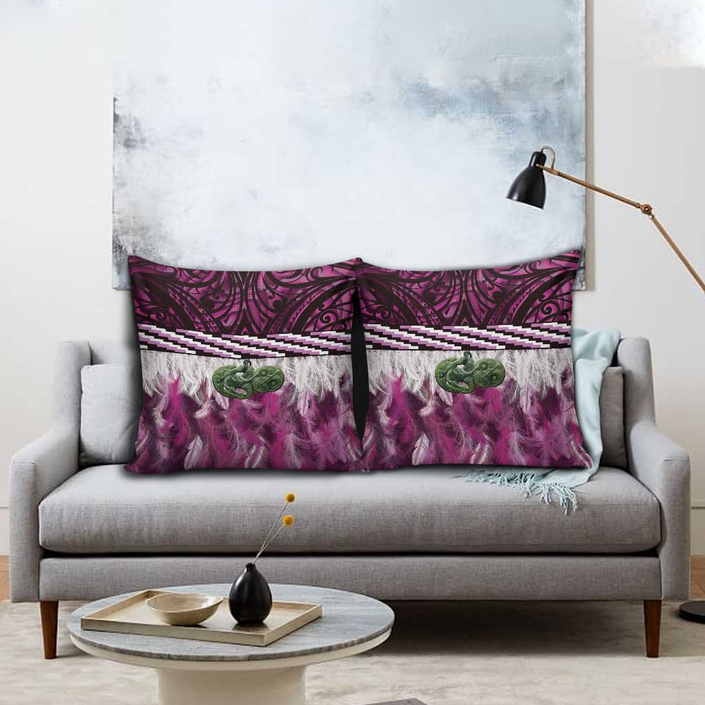 Pink Traditional Cloak Aotearoa Pillow Cover Maori Paua Shell Korowai Pattern - Polynesian Pride