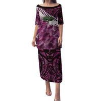 Pink Traditional Cloak Aotearoa Puletasi Maori Paua Shell Korowai Pattern