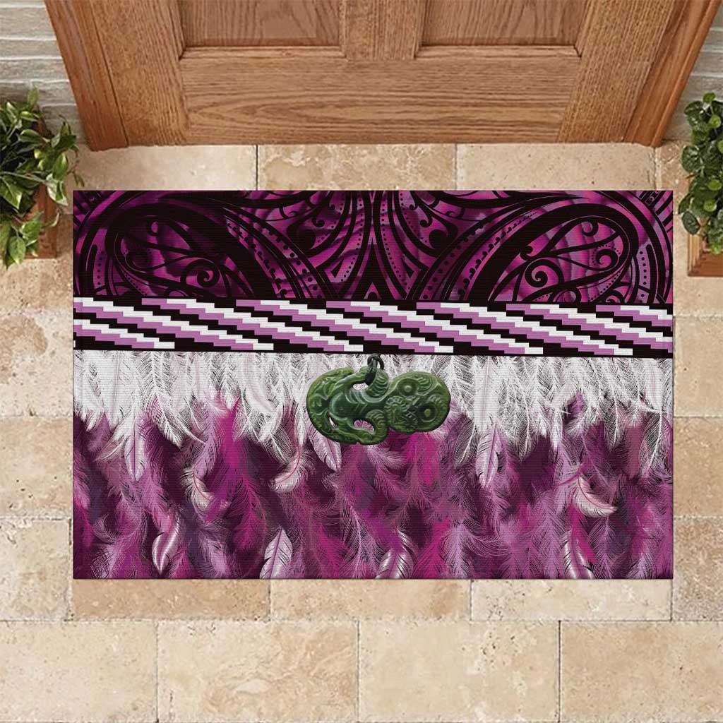 Pink Traditional Cloak Aotearoa Rubber Doormat Maori Paua Shell Korowai Pattern LT14 Pink - Polynesian Pride