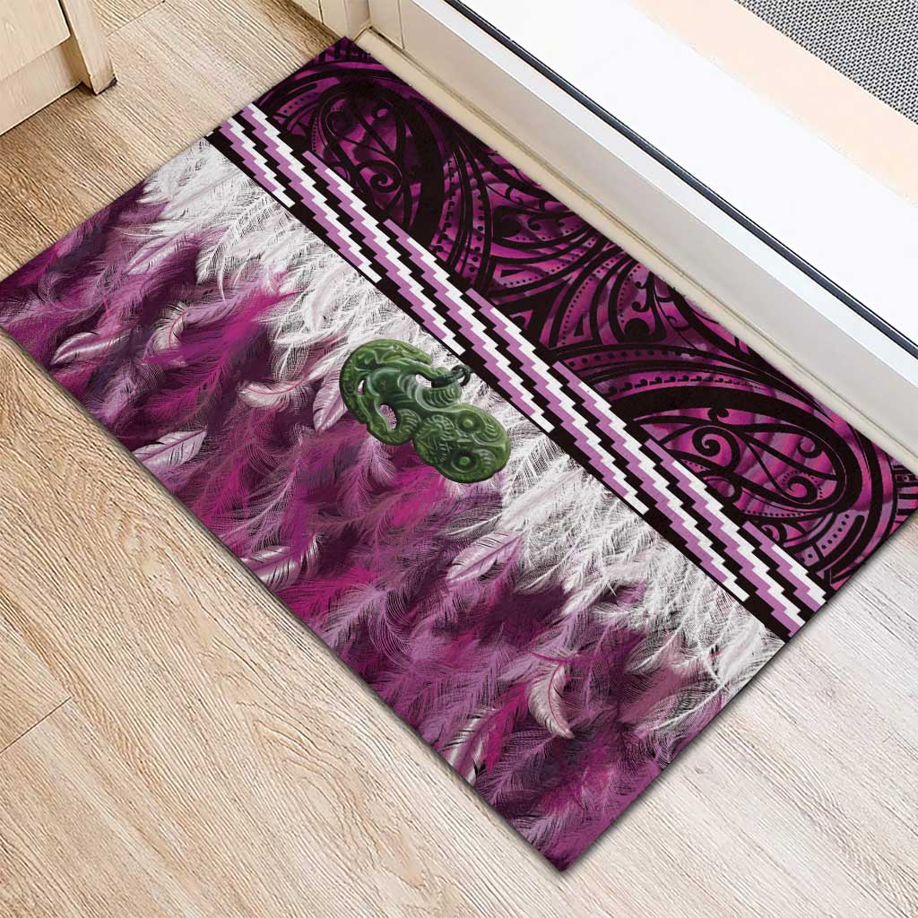Pink Traditional Cloak Aotearoa Rubber Doormat Maori Paua Shell Korowai Pattern