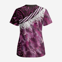 Pink Traditional Cloak Aotearoa Scrub Top Maori Paua Shell Korowai Pattern - Polynesian Pride