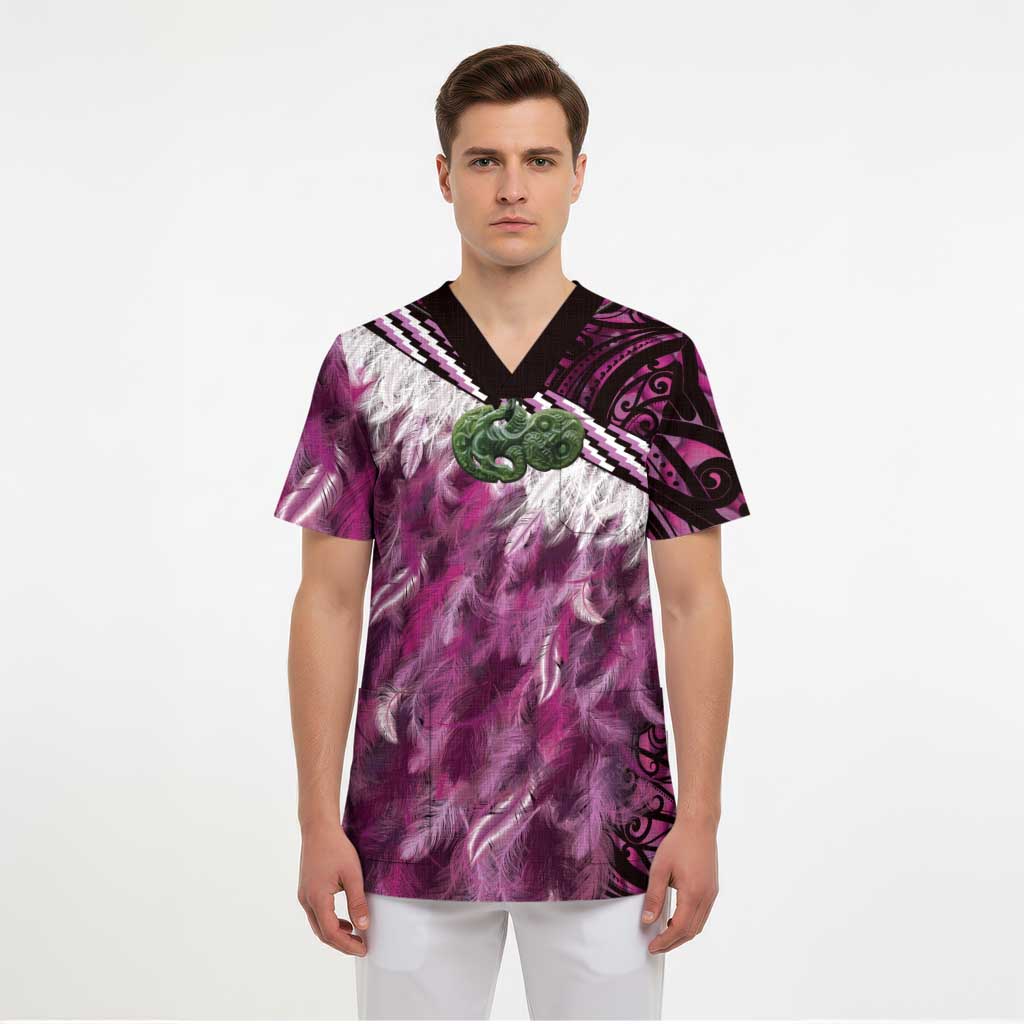 Pink Traditional Cloak Aotearoa Scrub Top Maori Paua Shell Korowai Pattern - Polynesian Pride