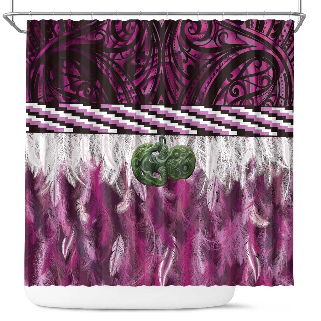 Pink Traditional Cloak Aotearoa Shower Curtain Maori Paua Shell Korowai Pattern LT14 Pink - Polynesian Pride